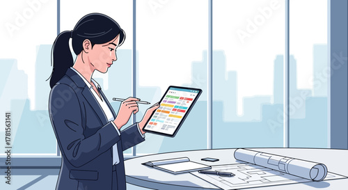 Professional female project manager reviewing schedule on tablet in office with city view, concept for project planning, corporate strategy and business process