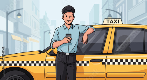 Cartoon illustration of a taxi driver leaning on his yellow cab while holding a smartphone, concept for urban transportation, mobile app promotion and ride-hailing service advertisement