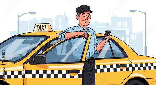 Cartoon taxi driver using smartphone leaning on yellow taxi cab in urban scene, concept for ride hailing app promotion, transportation service and travel advertisement