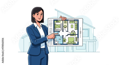 Female real estate agent presents blueprint of house design with house illustration background, concept for architectural presentation, property marketing and construction planning