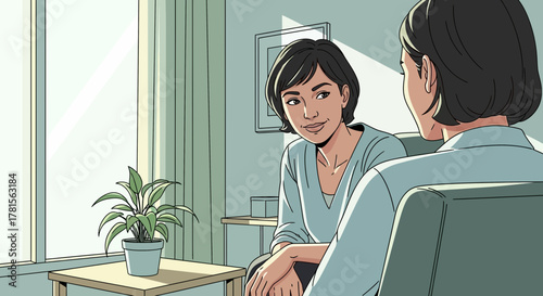 Two women conversing in a brightly lit room with a potted plant near the window, concept for therapy session, casual discussion and friendly consultation