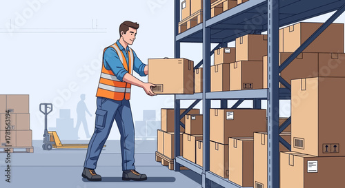 Warehouse worker lifting a cardboard box near storage shelves in a logistics setting, concept for supply chain management, inventory control and distribution operations