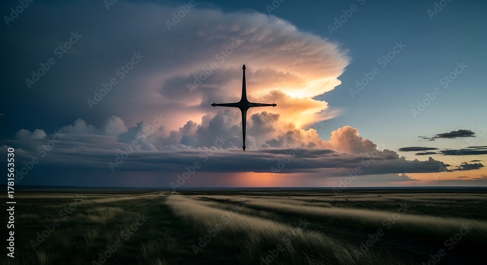 Obraz premium Dramatic Sky with Cross Silhouette Over Landscape at Sunset.