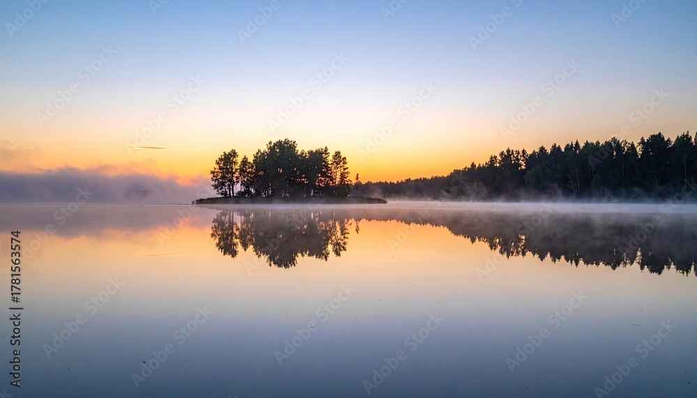 Fototapeta premium Serene Lake Reflection At Sunrise With Misty Island And Golden Sky Hues