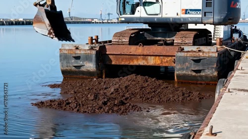 Close medium shot of a backhoe dredger scooping sediment from the harbor floor maintaining navigable channel depth amid calm waters.