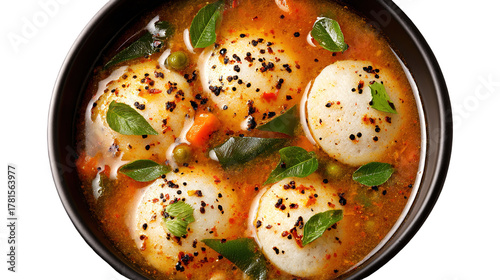 A plate of idli with a small bowl of red sauce and basil garnishings