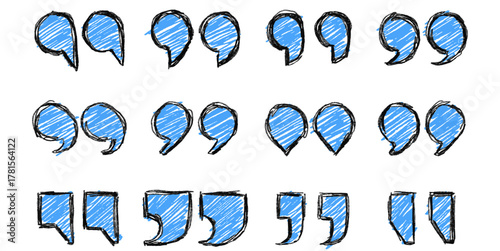 Set doodle quoting punctuation vector. Ideal for dialogue, handwritten text, and informal communication themes. symbolizes quotes, speech, and casual annotation. Perfect for social media