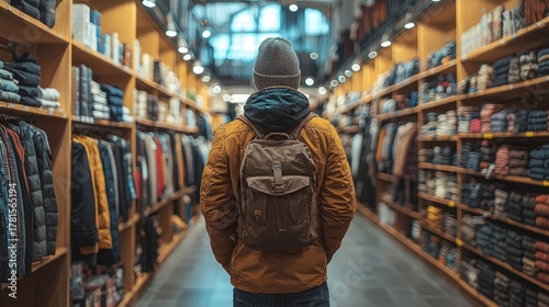 Man with backpack shopping in clothing store aisle.