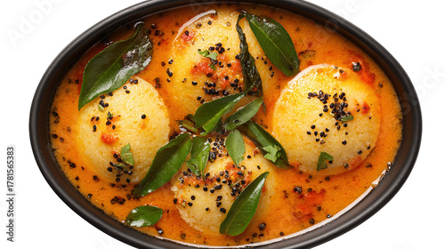 This image shows a bowl of South Indian idlis served with sambar. The idlis are soft, white, round steamed rice cakes placed in a flavorful, spicy lentil-based curry garnished with mustard seeds, curr