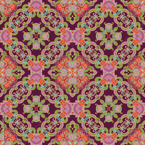 Azulejo style ornamental seamless vector pattern on dark background