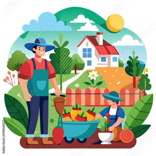 Two farmers, one adult and one child, happily harvesting vegetables in a lush garden with a farmhouse and rolling hills under a sunny sky, promoting organic farming and healthy living
