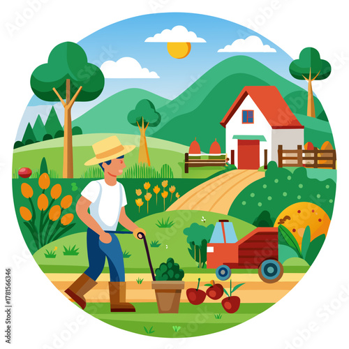 A farmer wearing a straw hat and boots is tending to his garden, pushing a lawnmower with a potted plant and apples nearby, with a red barn and rolling green hills in the background