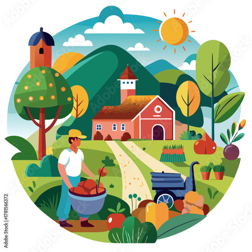 A farmer carrying a basket of produce walks through a farm with a red barn, a cart, and various crops under a bright sun and blue sky, depicting a scene of agricultural abundance and hard work