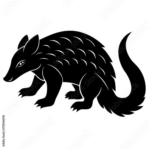 Stylized black silhouette of a pangolinlike creature with curved body, facing left, isolated on a