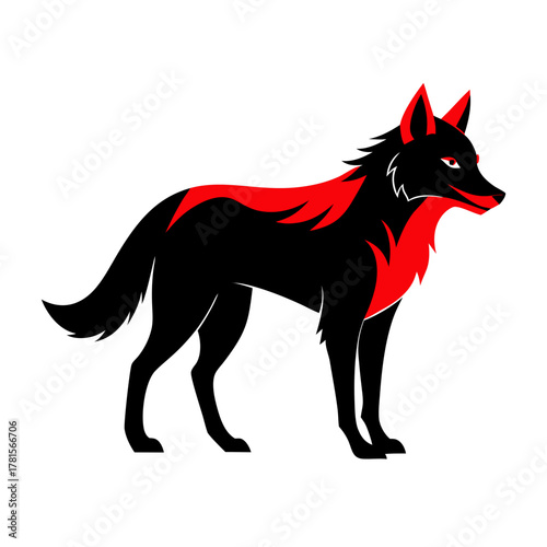 Stylized black wolf with red accents, standing profile view