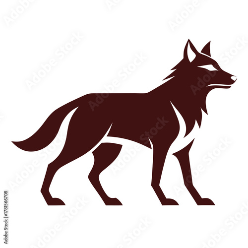 Stylized dark brown wolf, standing profile view