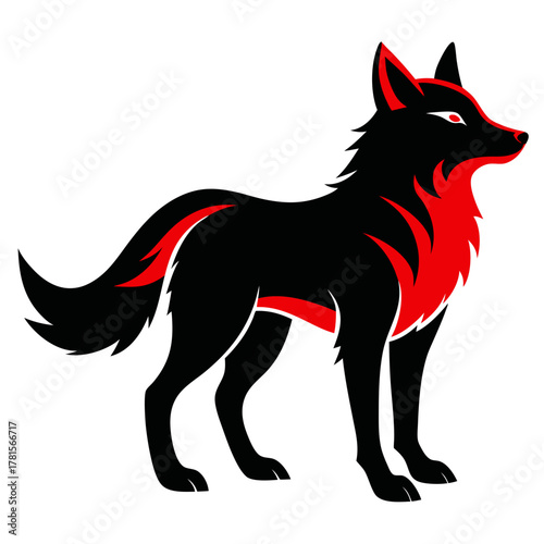 A stylized illustration of a black wolf with red accents, featuring sharp lines and a fierce expression, suitable for logos, emblems, or graphic design elements