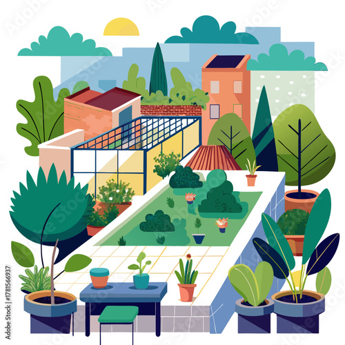 Stylized depiction of a modern rooftop garden with diverse plants, a greenhouse structure, and city buildings in the background