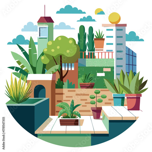 Urban rooftop garden with various plants, trees, and buildings in the background, showcasing a green city concept