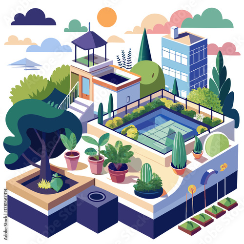 Isometric view of a luxurious urban rooftop oasis with a swimming pool, lush greenery, and modern architecture