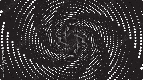 White dots forming a hypnotic spiral vortex pattern on a black background; abstract halftone tunnel