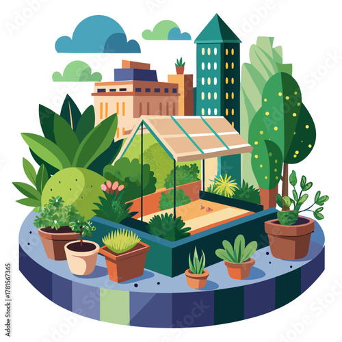 Urban rooftop garden with a greenhouse, potted plants, and city buildings in the background, showcasing sustainable city living and green spaces