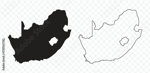 South Africa map set, detailed vector silhouette and outline border on transparent background