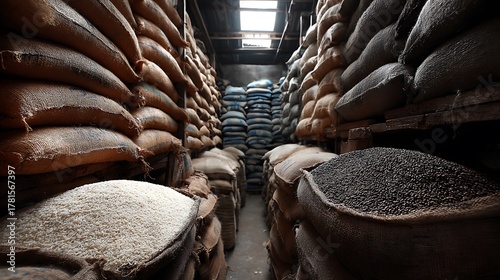 Bags of Rice and Beans Stored in Warehouse Ready for Distribution