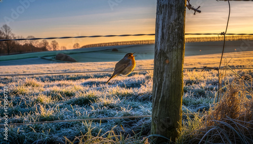 Robin Perched at Sunrise A Winter Field Scene