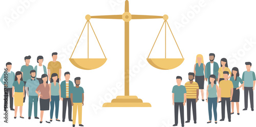 Scales of justice with groups of people on either side, representing fairness and equality.