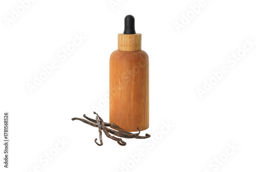 Fotografie Wooden bottle with vanilla extract and pods, isolated on white, PNG