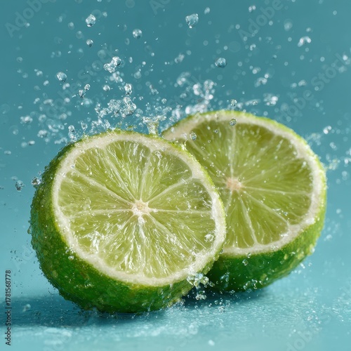 Fresh Lime Halves Splashing Water on Soft Blue Background