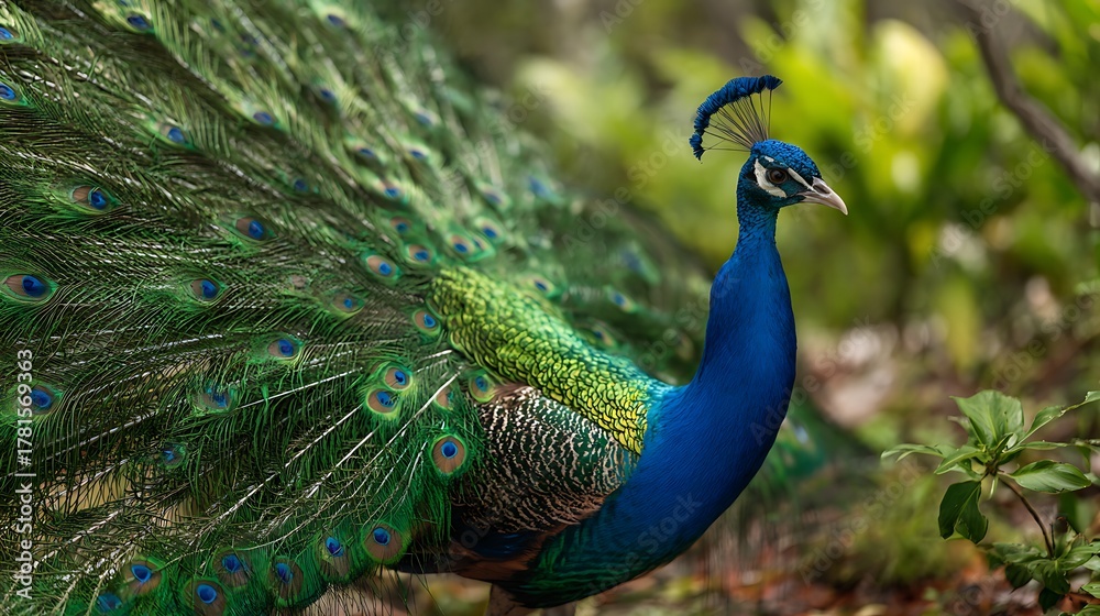 Obraz premium A vibrant peacock displaying its elaborate tail feathers in a lush green natural environment setting