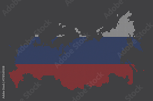 Russia map silhouette filled with a patriotic pixelated national flag design (white blue red) on dark gray background