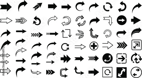 Arrow icon grid, flat vector arrows, UI navigation symbols, infographic pointers, graphic design elements, silhouette arrow pack, cad drawing flat vector illustration