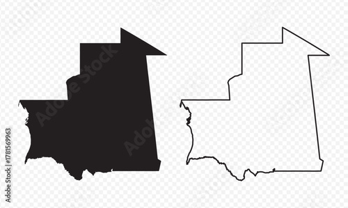 Detailed Mauritania map set solid black silhouette and outline contour vector illustration