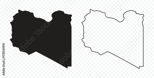 Detailed Libya map set: solid black silhouette and outline contour vector illustration