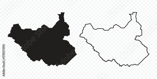 Detailed South Sudan map set solid black silhouette and outline contour vector illustration