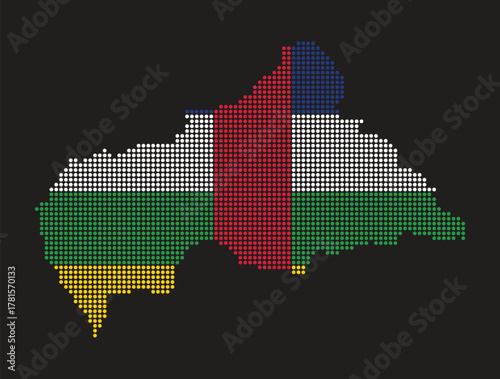 Dotted pixel map of Central African Republic with national flag colors, digital design