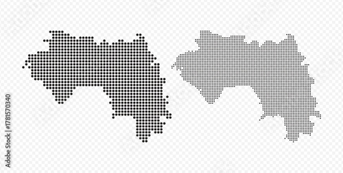 Abstract dotted pixel map of Guinea in black and halftone gradient, isolated on transparent background