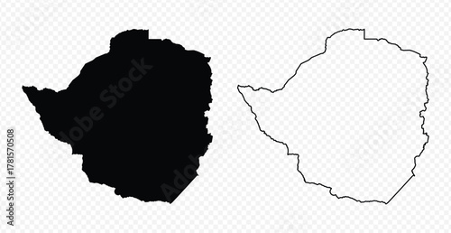 Black silhouette and outline map set of Zimbabwe isolated on a transparent background