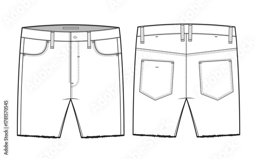 Male jeans shorts flat sketch vector mockup template technical illustration.