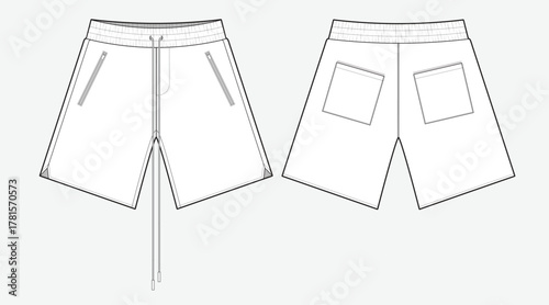 Tennis shorts technical line drawing vector mockup template.
