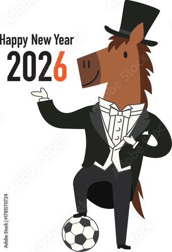 サッカーボールを踏んでポーズをとった馬の年賀状用ベクターイラスト