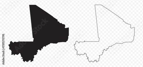 Detailed vector map set of Mali, black silhouette and editable outline on transparent background