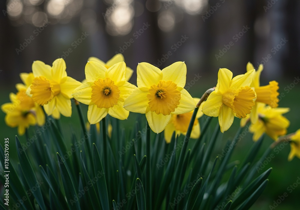 Fototapeta premium A vibrant cluster of yellow daffodils stands tall, bathed in soft morning light, signaling the fresh arrival of the spring season ,awakening ,narcissus ,idyllic