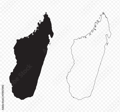 Detailed vector map set of Madagascar, black silhouette and editable outline on transparent background