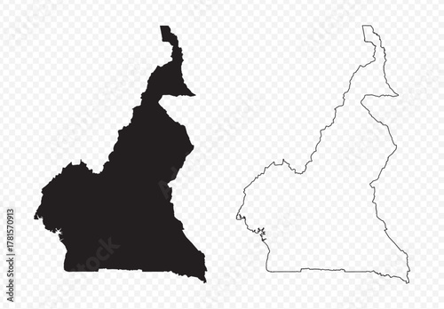 Detailed vector map set of Cameroon, black silhouette and editable outline on transparent background