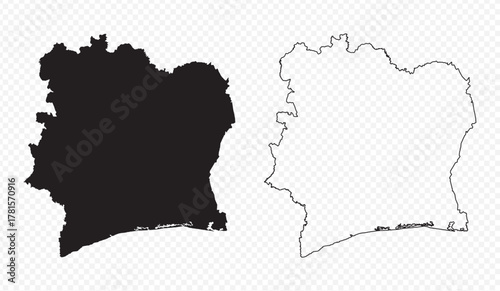 Detailed vector map set of Côte d'Ivoire, black silhouette and editable outline on transparent background