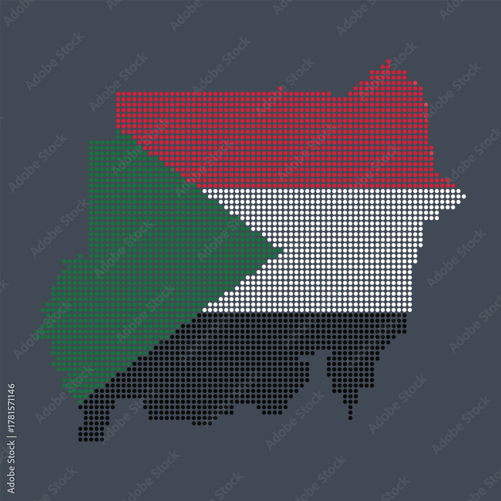 Fototapeta premium Sudan map filled with the national flag pattern made of red white black and green dots